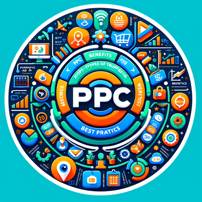 Illustration of PPC services showcasing benefits like immediate traffic, cost control, audience targeting, and measurable results for effective digital marketing.