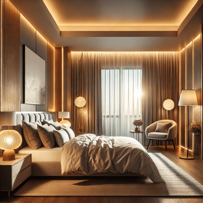 A modern bedroom with layered lighting, including warm ambient ceiling lights, bedside lamps for task lighting, and accent lights highlighting wall art, creating a cozy and inviting atmosphere.
