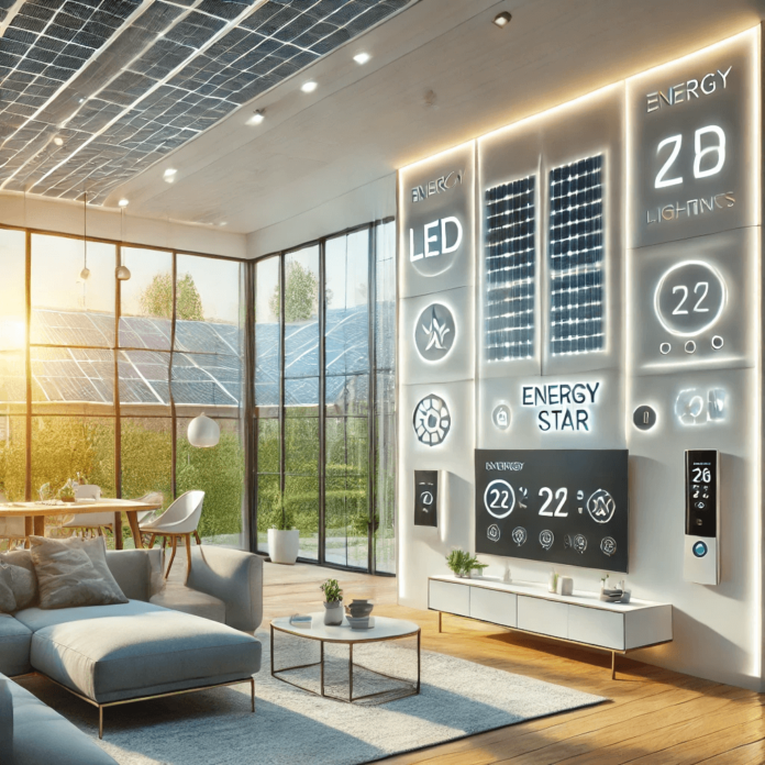Modern home interior showcasing energy-efficient upgrades, including LED lighting, a programmable thermostat, Energy Star appliances, and solar panels.