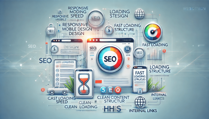 Illustration of SEO-friendly web design elements including responsive mobile layouts, fast loading speed represented by a speedometer, clean URL structure, optimized content placement with metadata tags, HTTPS security padlock, and internal linking connections.