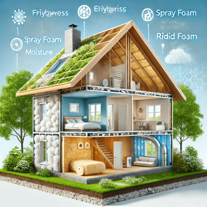 Cross-section of a home with insulation in walls, attic, and floors, showing fiberglass, spray foam, and rigid foam blocking pollutants and moisture.