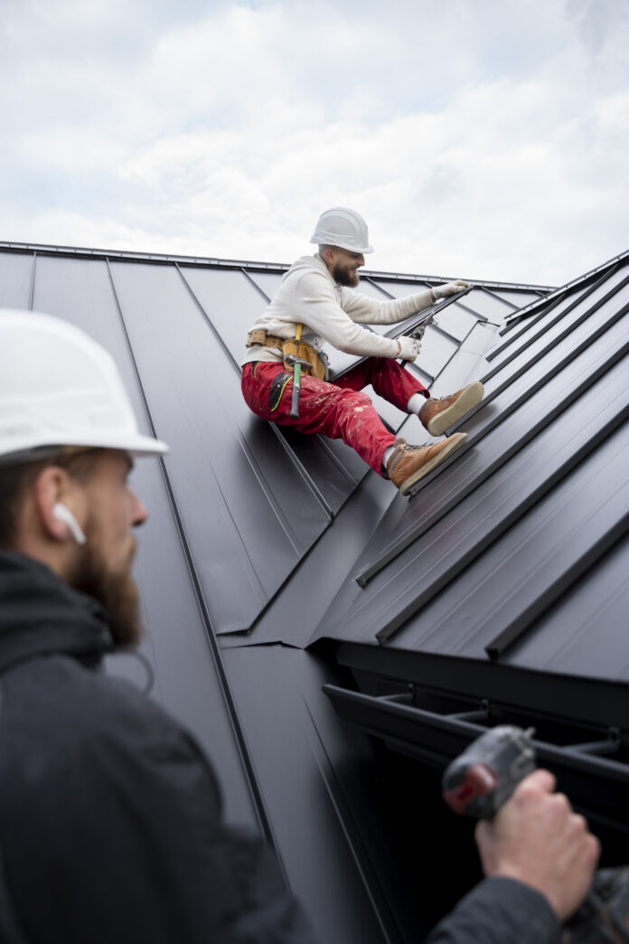 Professional roofing contractor inspecting a house roof for repair or replacement.