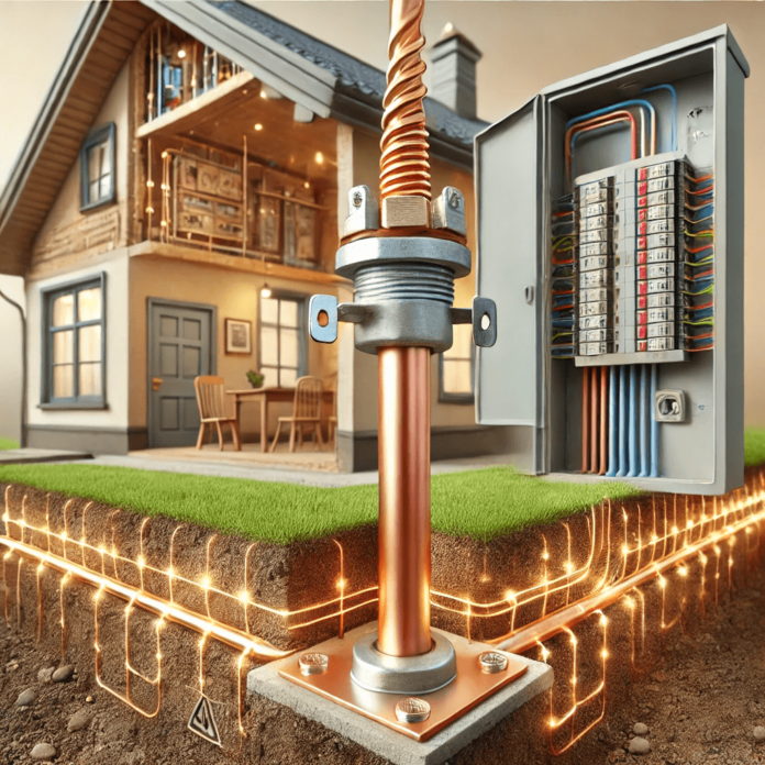A detailed illustration of an electrical grounding system showing a ground rod connected to an electrical panel via a copper ground wire, with a grounding bus bar inside the panel. The scene emphasizes safety and reliability in residential electrical systems.