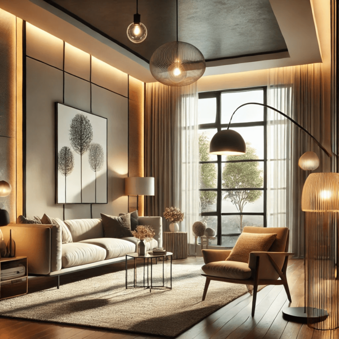 A modern living room with layered lighting, featuring a sleek ceiling fixture, a contemporary floor lamp by a reading chair, accent lighting highlighting wall art, and large windows allowing natural light.