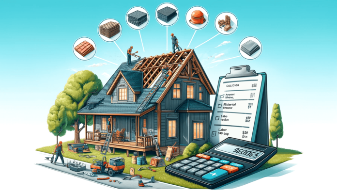 house under roof renovation with roofers working, a checklist board listing roof replacement cost factors, icons of roofing materials with price ranges, and a large calculator symbolizing budgeting.