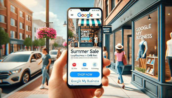 Smartphone displaying a Google My Business profile with a highlighted GMB Post announcing a summer sale, featuring a product image and a 'Shop Now' call-to-action button.