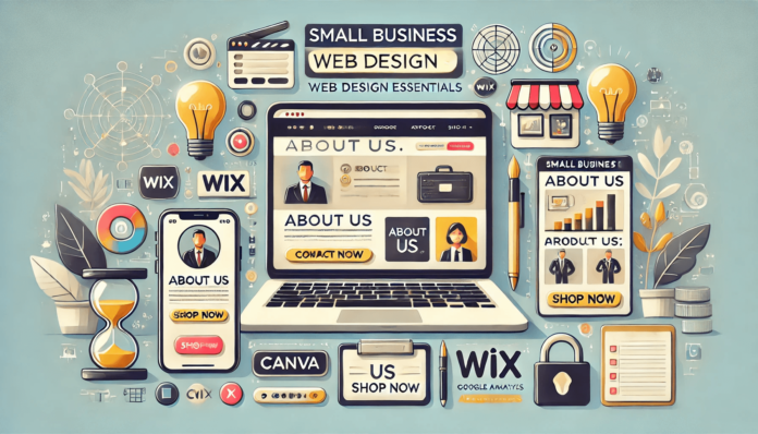 Illustration of small business web design essentials featuring a laptop and smartphone with a simple website layout, including a contact form, 'About Us' section, product showcase, and 'Shop Now' button. Surrounding icons represent tools like Canva, Wix, and Google Analytics, with a bright, clean background symbolizing creativity and entrepreneurship.