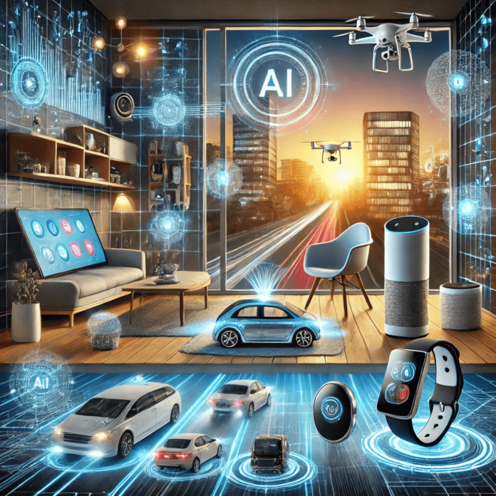 Futuristic illustration showcasing AI-powered gadgets like smart speakers, wearables, and autonomous vehicles seamlessly integrated into modern life.