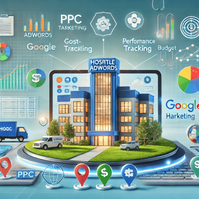 cost-effective hospital marketing using Google AdWords with budget controls, PPC analytics, and a modern hospital backdrop.