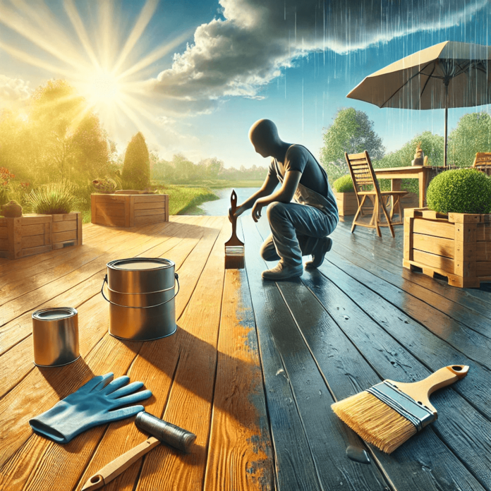 A professional painter applying a fresh coat of paint on an exterior wall, with tools and paint cans visible, showcasing outdoor painting techniques.