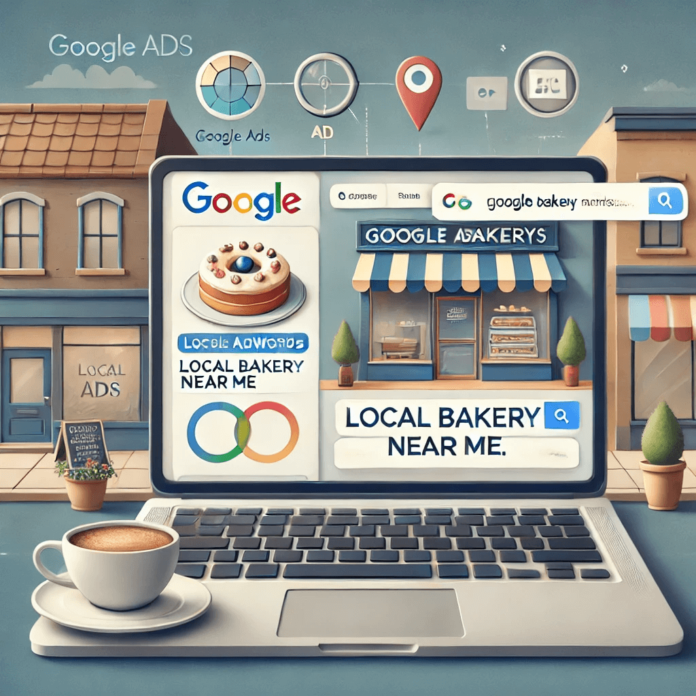 Illustration of a local store using Google AdWords for online marketing with a laptop displaying analytics and a storefront with foot traffic.