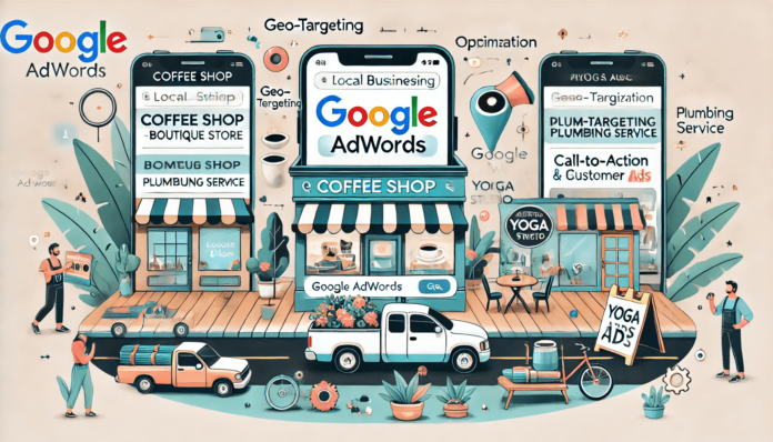Illustration of local businesses using Google AdWords, featuring a coffee shop, boutique, plumbing service, and yoga studio with digital ads on search engines.