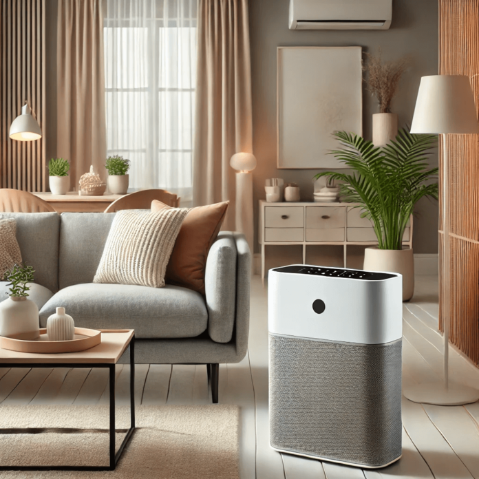 High-tech air purifier in a sleek and modern living room with potted plants, showcasing a clean and healthy indoor environment.