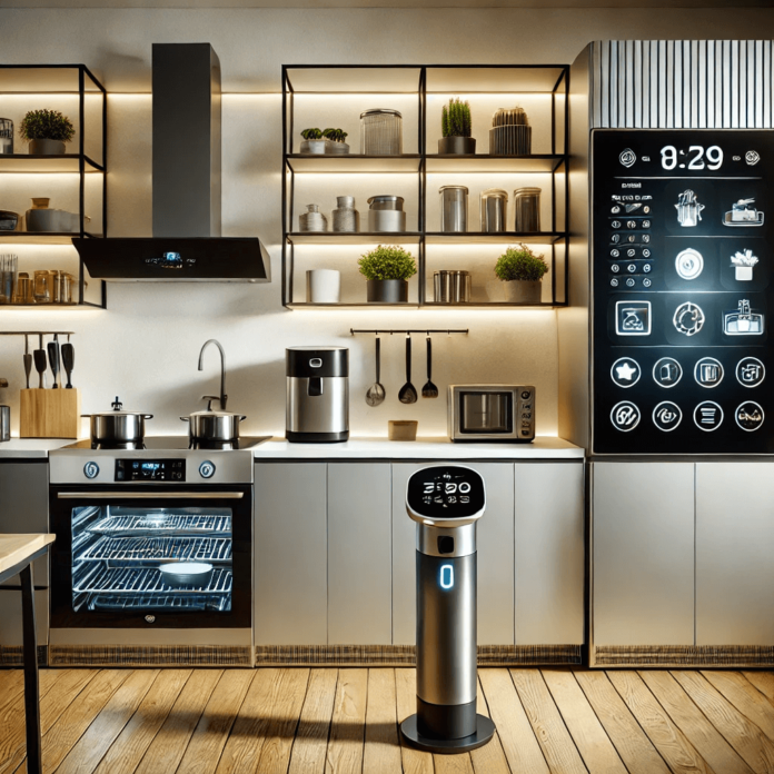 A contemporary kitchen showcasing smart gadgets like a touchscreen refrigerator, smart oven, sous vide machine, and eco-friendly storage containers.