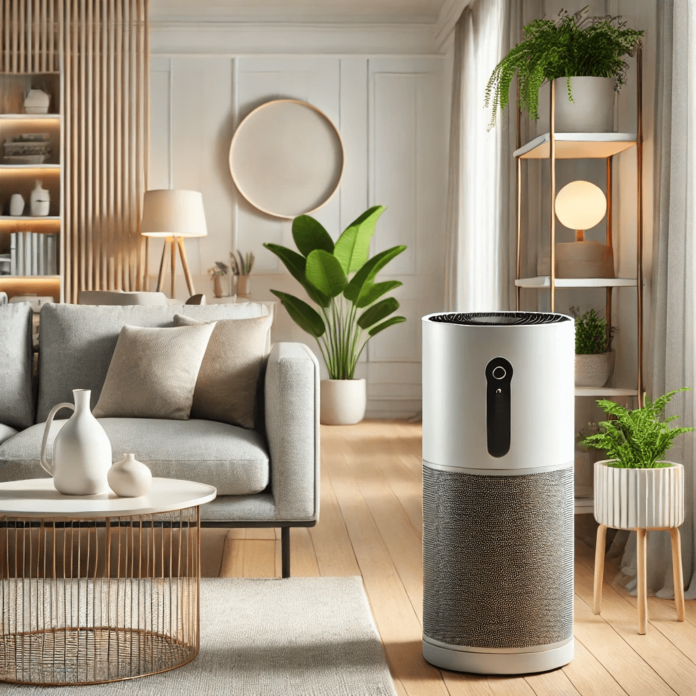 A sleek air purifier in a modern, cozy living room promoting clean air and healthy indoor environments.