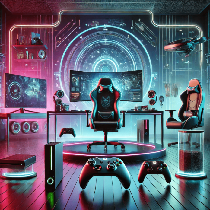 Futuristic gaming gadgets 2025 featuring advanced headsets, controllers, and VR devices.