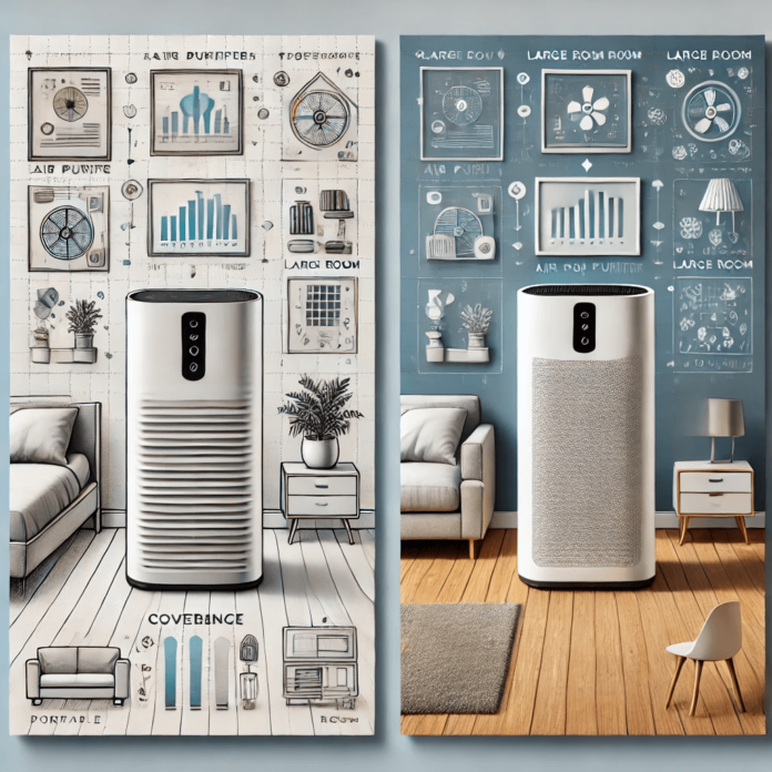 Visual comparison of portable air purifiers and large room models, highlighting their design, coverage areas, and functionality in small and large spaces.