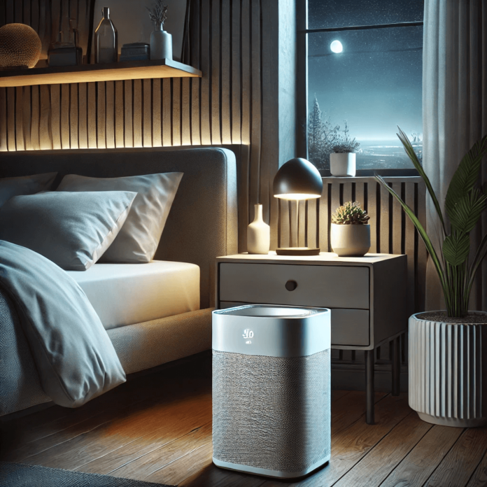 Air purifier in a bedroom, providing seasonal allergy solutions by removing pollen and dust.