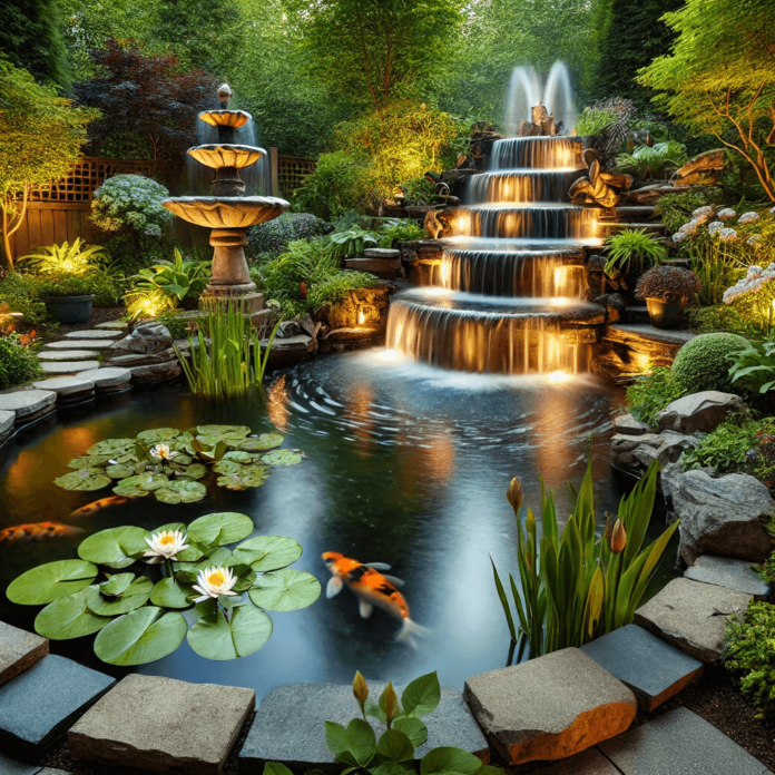 A tranquil backyard featuring a naturalistic pond with water lilies and koi fish, a tiered stone fountain with cascading water, and a rock-lined waterfall surrounded by lush greenery and flowers.