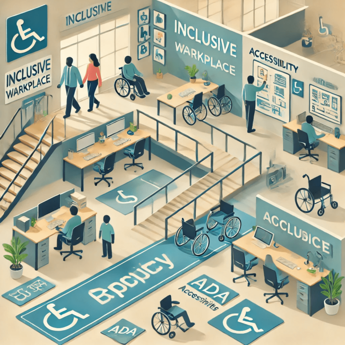An inclusive workplace featuring ADA-compliant accessibility improvements, including wheelchair ramps, wide office hallways, ergonomic workstations, and clear accessibility signage.