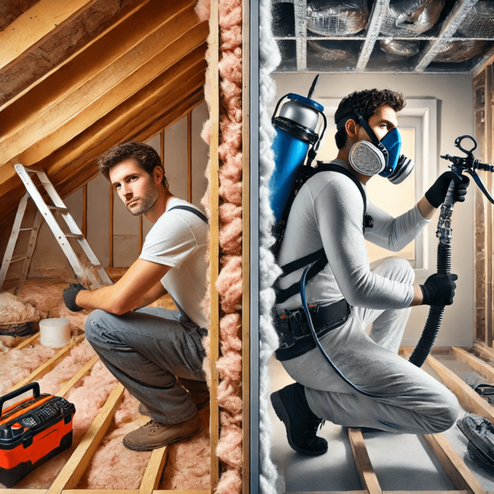 Split-view comparing DIY insulation with a homeowner installing fiberglass batts and professional insulation using spray foam, and efficiency.