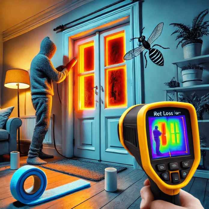 Homeowner sealing air leaks around a window with caulk, improving energy efficiency and home comfort.