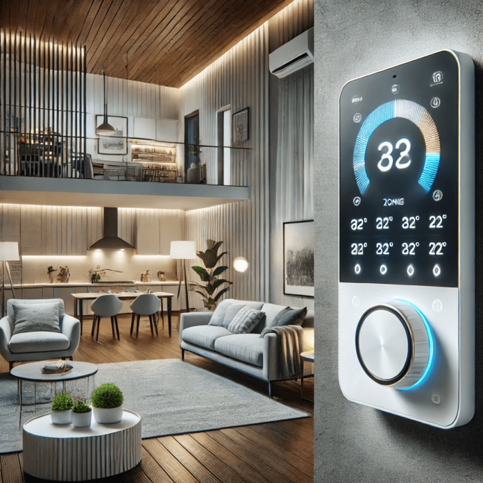Modern home interior showcasing smart thermostat zoning controls with multiple temperature zones for optimized comfort and energy efficiency