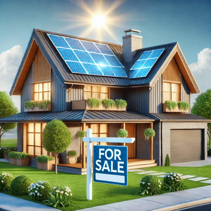Modern home with solar panels on the roof and a 'For Sale' sign in the front yard, symbolizing increased property value and energy efficiency benefits.