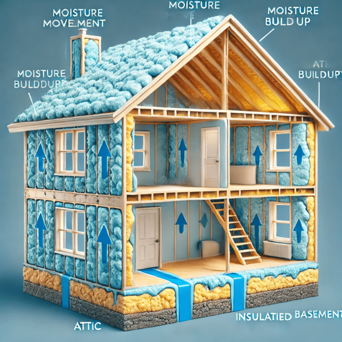 Cross-section of a home highlighting insulated areas in walls, attic, and basement, showing how proper insulation prevents moisture buildup and mold growth for a healthier living environment.