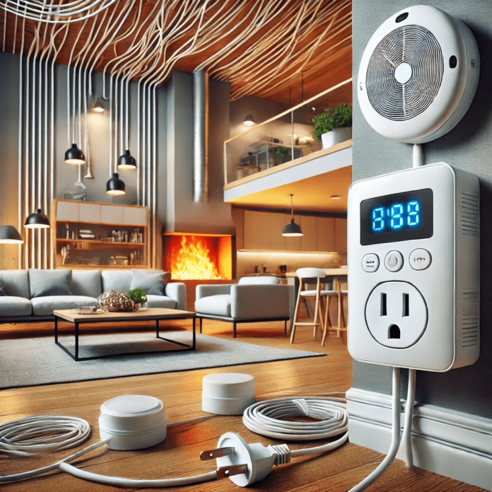 A safe home environment featuring properly managed power cords, a surge protector in use, and a smoke alarm on the ceiling, emphasizing electrical fire prevention.