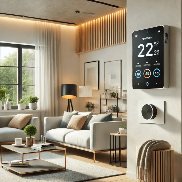 A modern living room featuring a sleek smart thermostat mounted on the wall, integrated with smart home technology for efficient HVAC control.