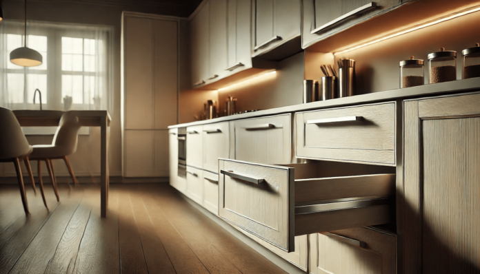 Modern kitchen featuring sleek soft-close cabinets and drawers with brushed metal handles, premium wood finishes, and ambient lighting for a stylish and functional design.