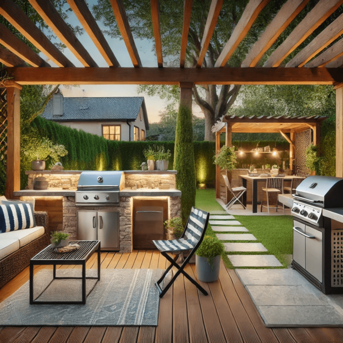 A stylish backyard featuring a built-in outdoor kitchen with a stone countertop and pergola, surrounded by lush greenery and outdoor lighting.
