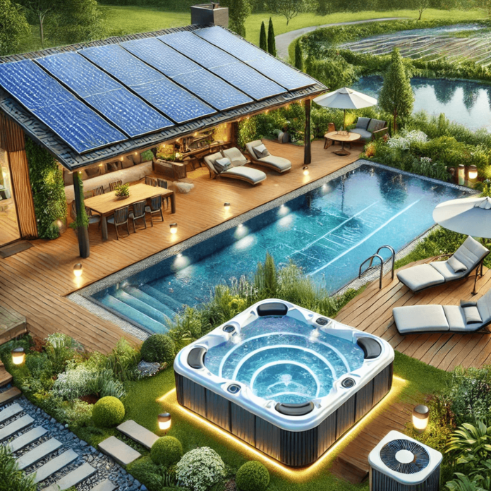 A sustainable backyard featuring a solar-heated swimming pool with a solar cover and an energy-efficient hot tub with a thermal cover.