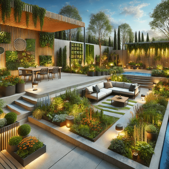 Futuristic garden design featuring smart gardening technology, vertical green walls, LED-lit water feature, and sustainable landscaping trends for 2025.