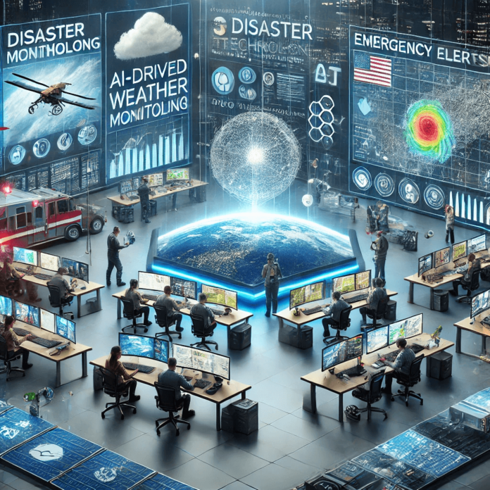 A state-of-the-art disaster response center equipped with AI-driven weather monitoring, satellite imaging, emergency alert systems, and IoT-connected devices.