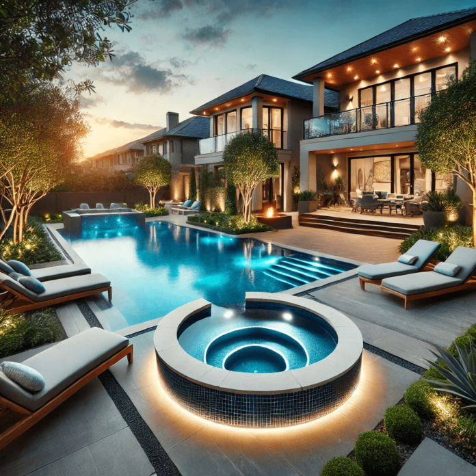 A stunning backyard pool featuring a custom infinity edge, built-in spa, LED lighting, and a stylish patio with lounge chairs, a fire pit, and lush greenery.