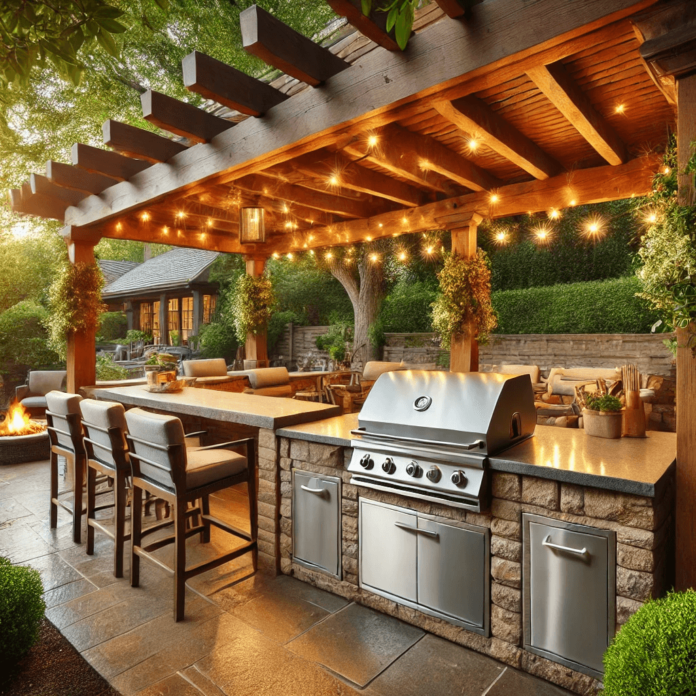 A stunning outdoor kitchen featuring a built-in stainless steel grill, stone countertops, bar seating, and a pergola with hanging lights, surrounded by lush greenery.
