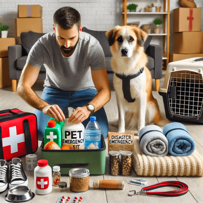 A pet owner packing a disaster emergency kit with pet food, water, a first aid kit, a leash, a pet carrier, blankets, and toys.