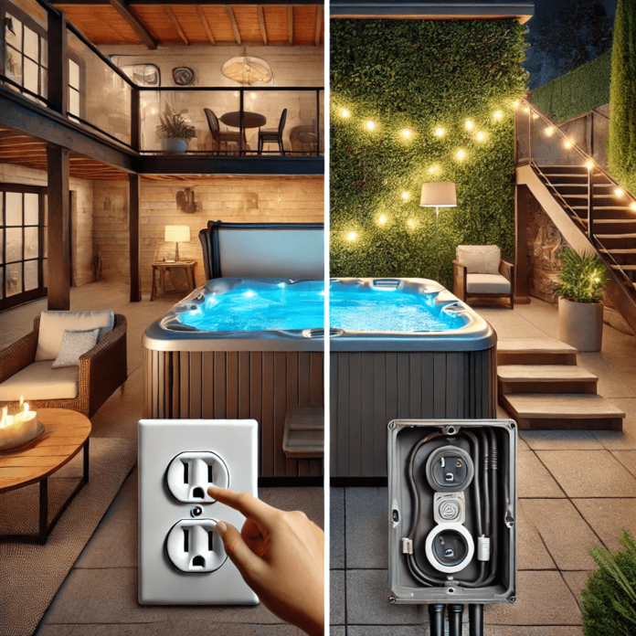 A side-by-side comparison of a plug-and-play hot tub on a wooden deck with a standard outlet and a hardwired hot tub in a landscaped backyard with professional electrical installation.