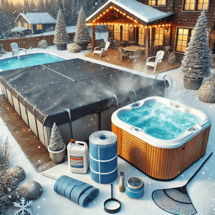 A person in a warm robe stands nearby, surrounded by snow-covered trees and a cozy house with glowing lights.